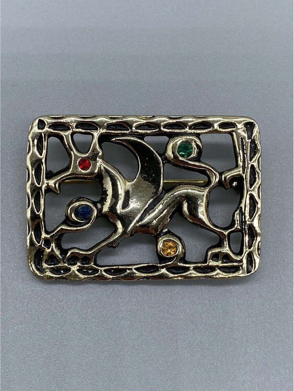 Lovely Signed SC Silver Tone Multicolour Rhinestone Square Pegasus Brooch